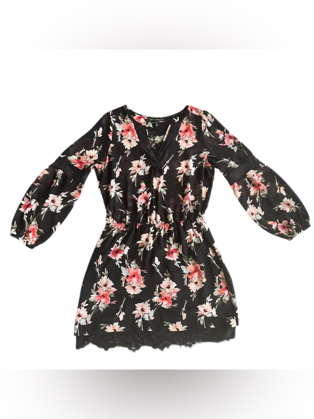 White House Black Market Floral Dress 12 Black Sheer Lace Hem Fit Flare